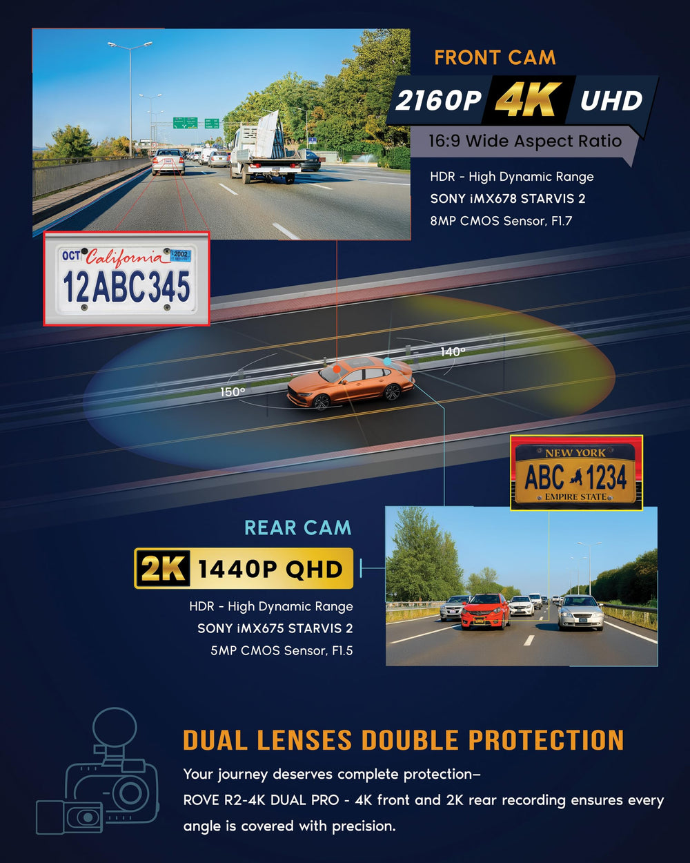 ROVE dash cam instalada en parabrisas en uso con claridad en carretera