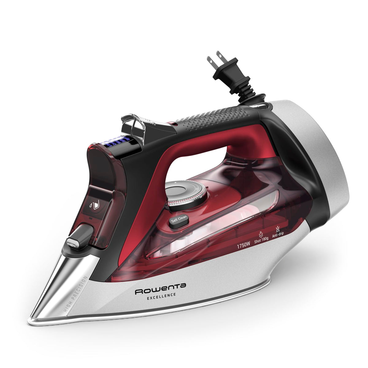 Rowenta Focus Excellence vista frontal y diseño rojo, planchado eficiente