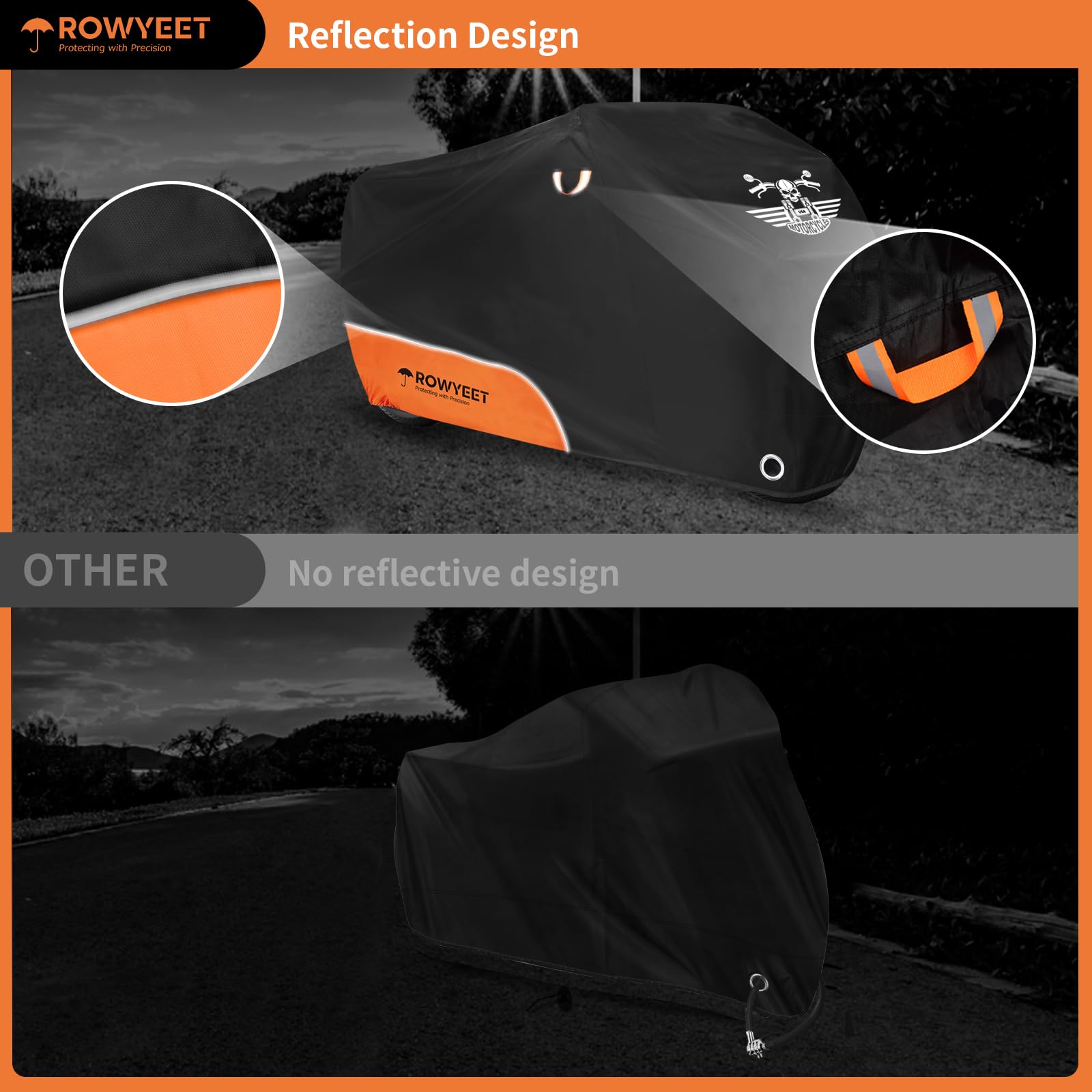 ROWYEET funda colocada en moto urbana demostrando protección nocturna y ajuste