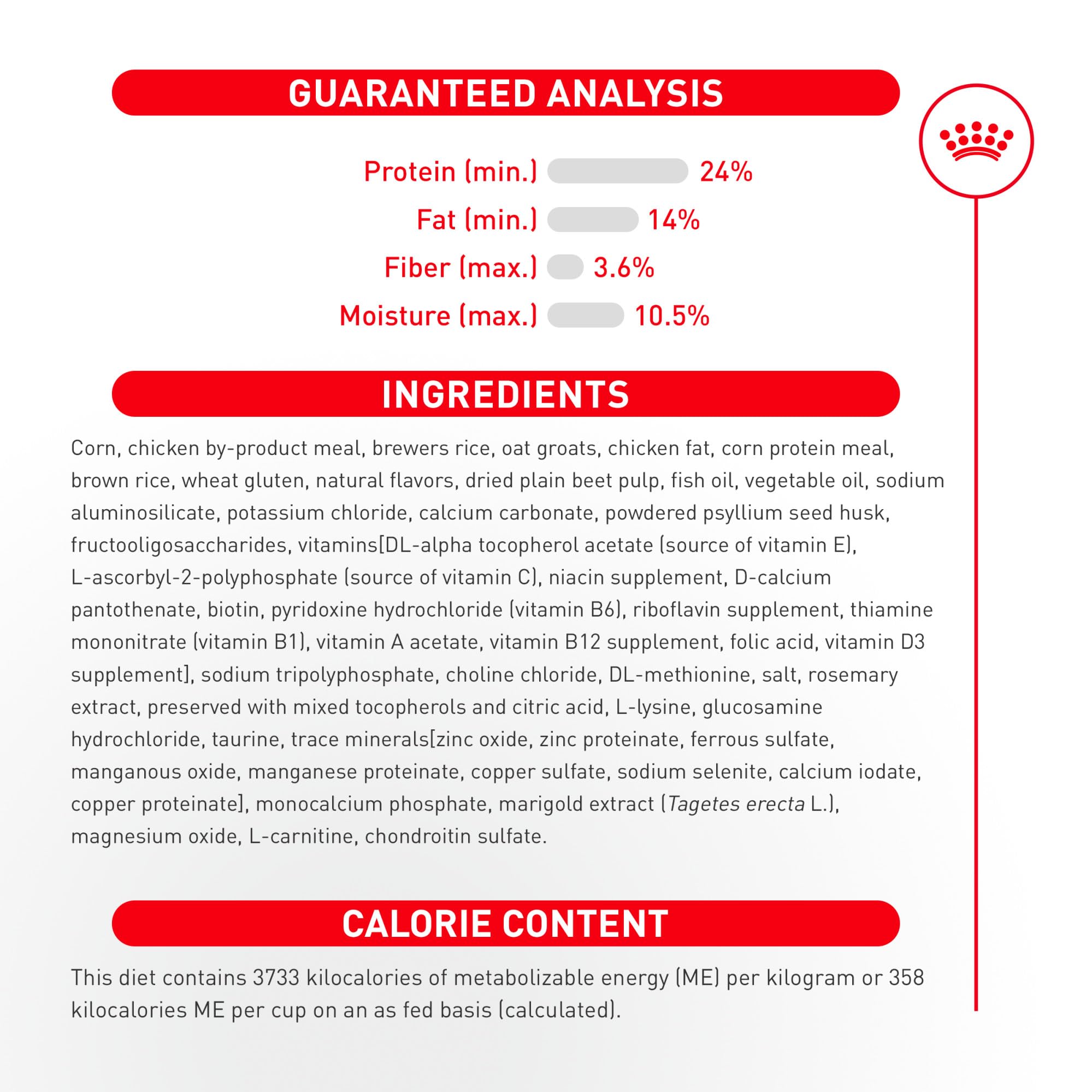 ROYAL CANIN etiqueta nutricional detallada que muestra nutrientes clave