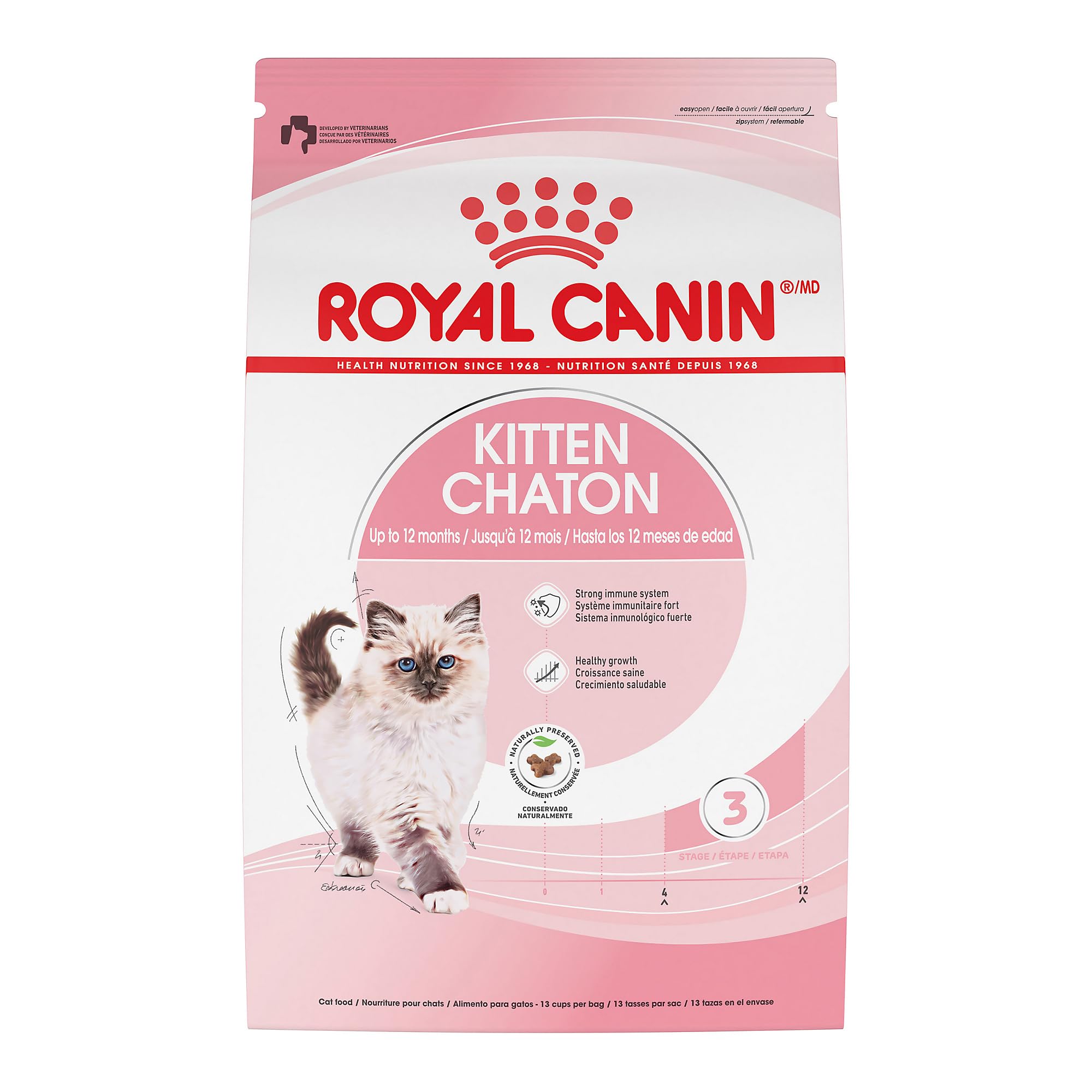 Royal Canin empaque frontal de 3 lb mostrando información nutricional y beneficios