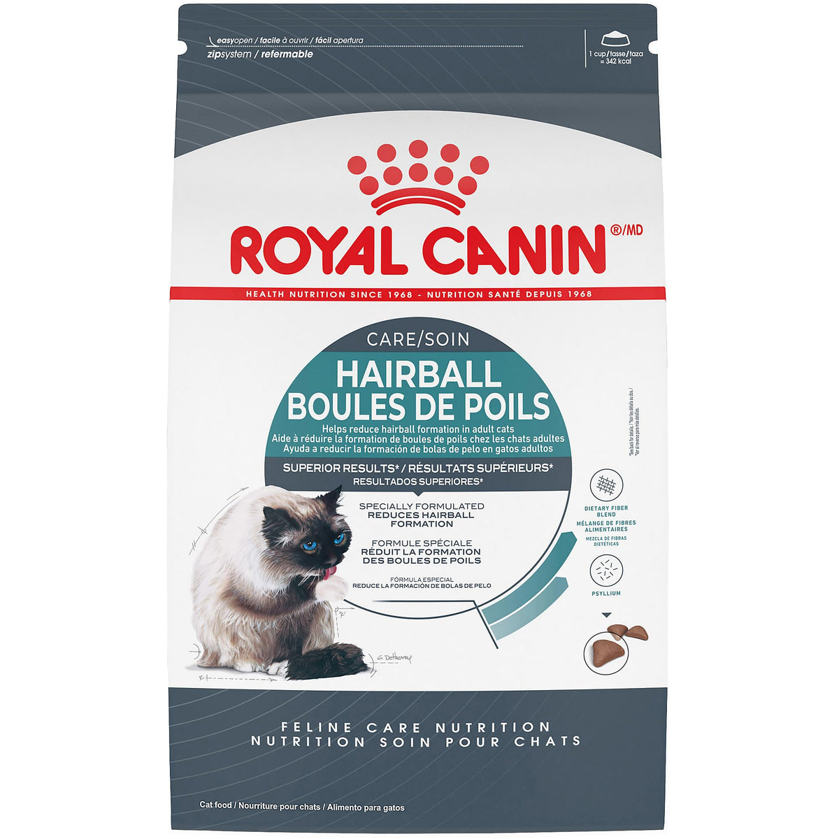 ROYAL CANIN paquete frontal mostrando fórmula Hairball Care y beneficios