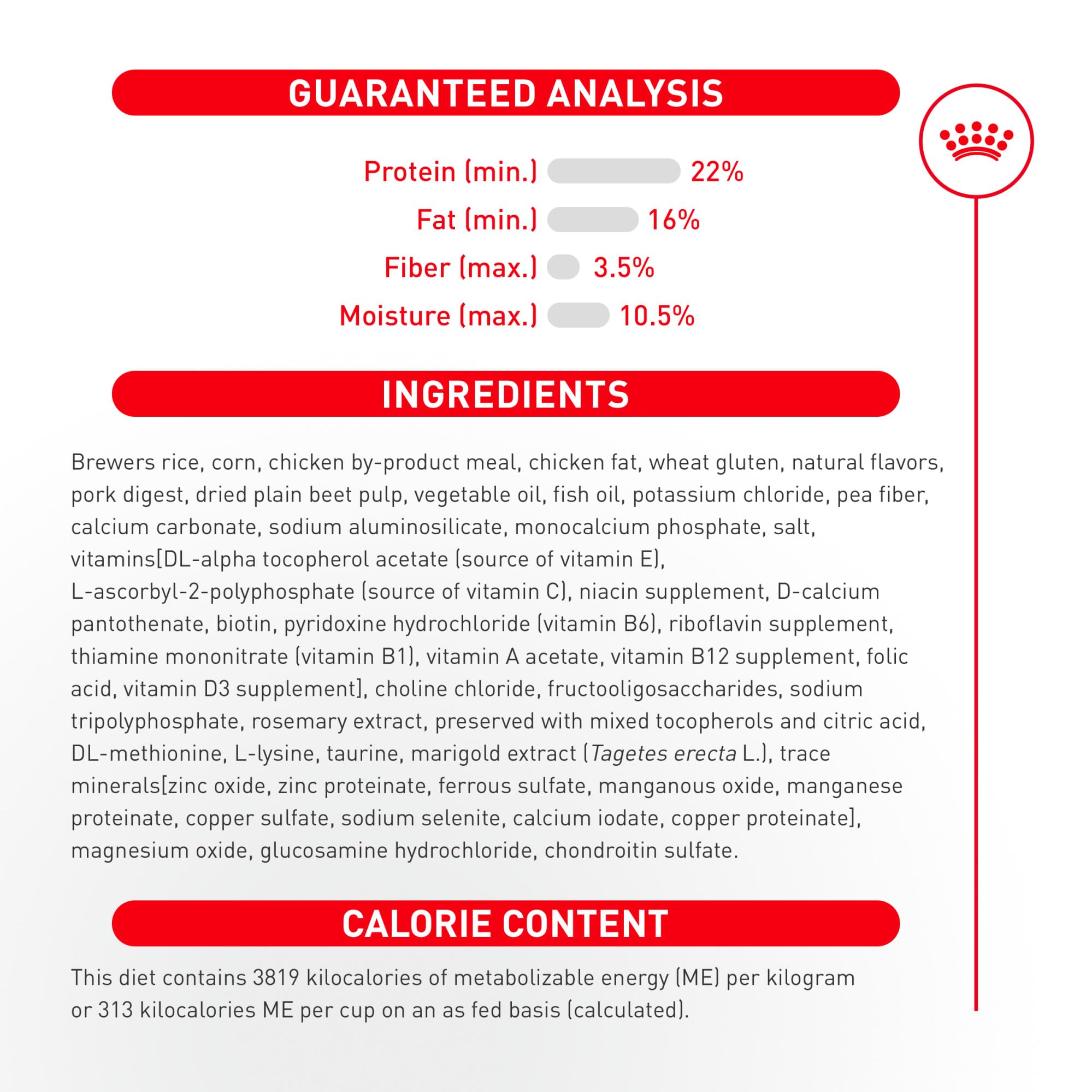 ROYAL CANIN etiqueta nutricional para información de ingredientes