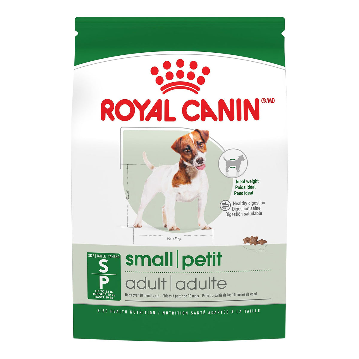 ROYAL CANIN bolsa frontal 14 lb mostrando diseño y beneficios visibles