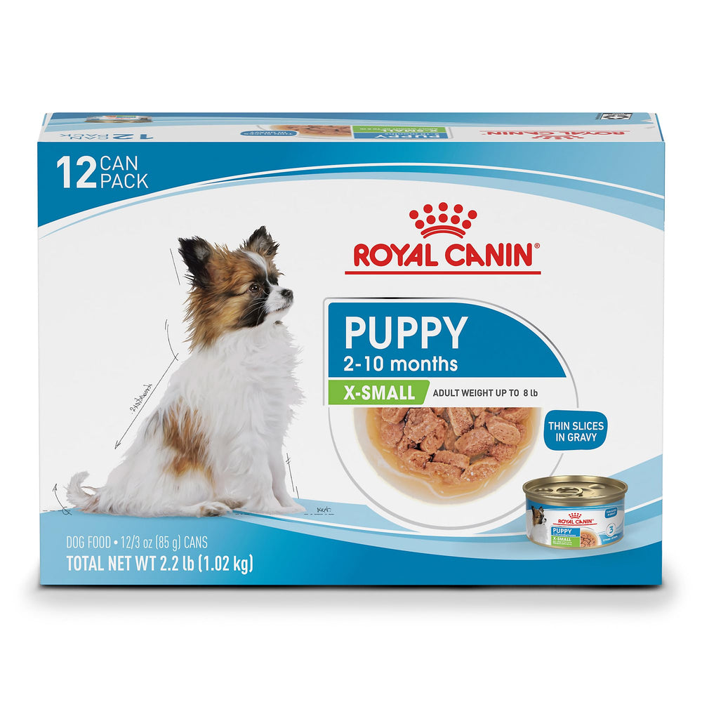 Royal Canin lata frontal con etiqueta clara, presenta la receta específica X‑Small Puppy