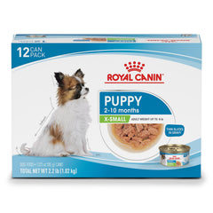 Royal Canin lata frontal con etiqueta clara, presenta la receta específica X‑Small Puppy