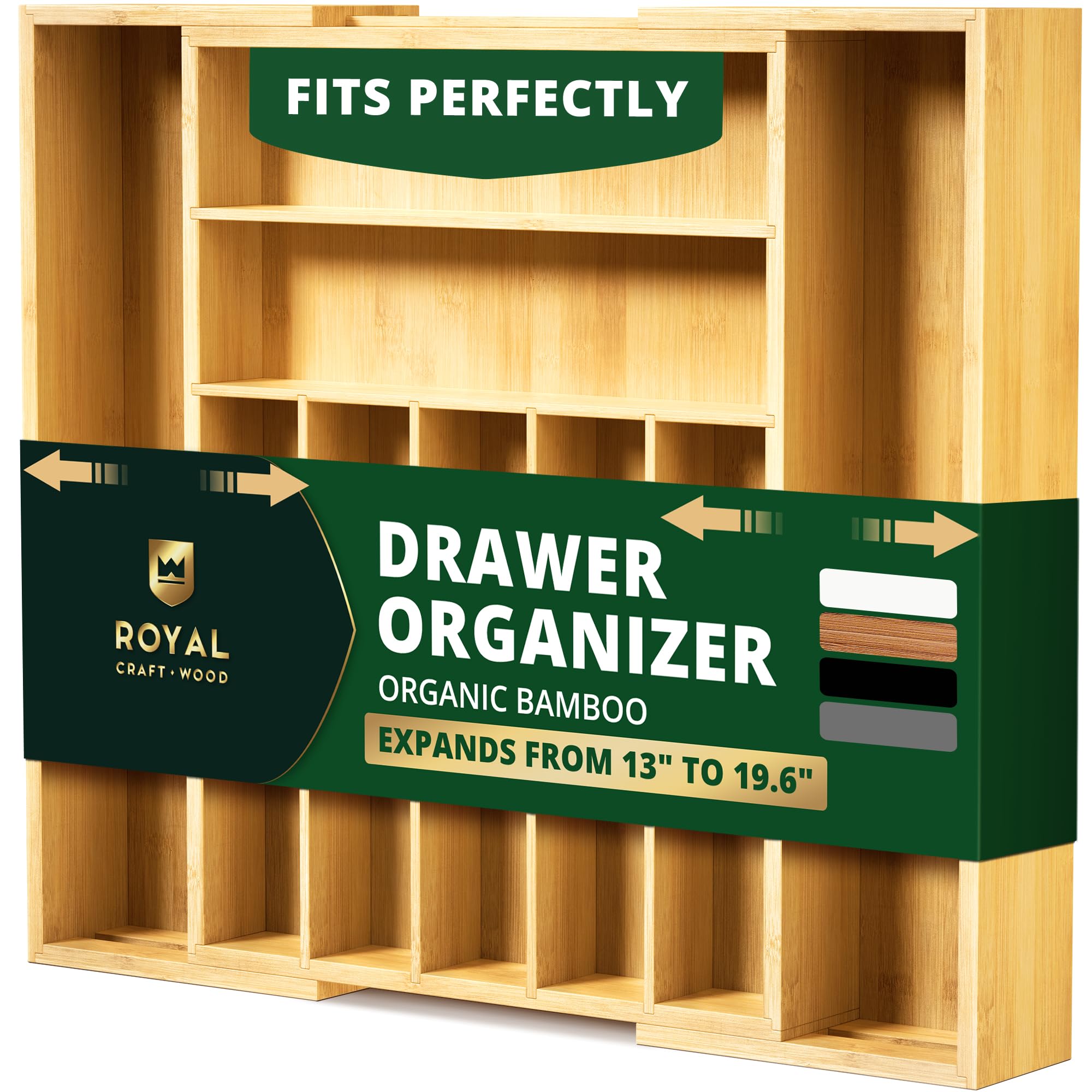 ROYAL CRAFT WOOD vista frontal organizador de bambú, maximiza espacio