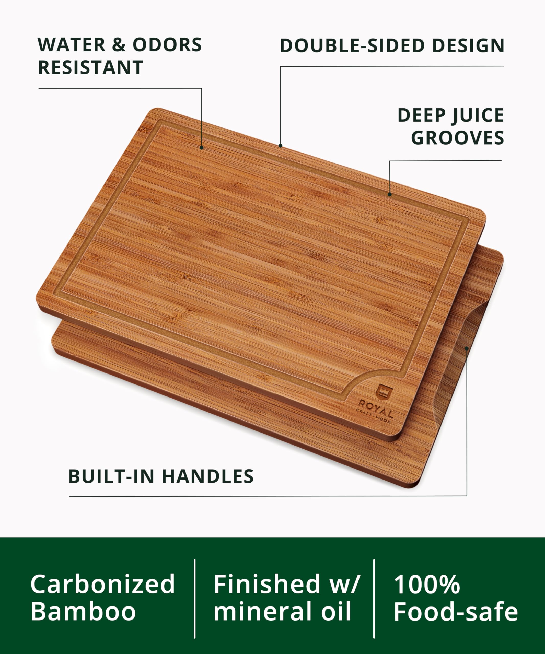 ROYAL CRAFT WOOD tabla en uso cortando carne con canaleta recogiendo jugos