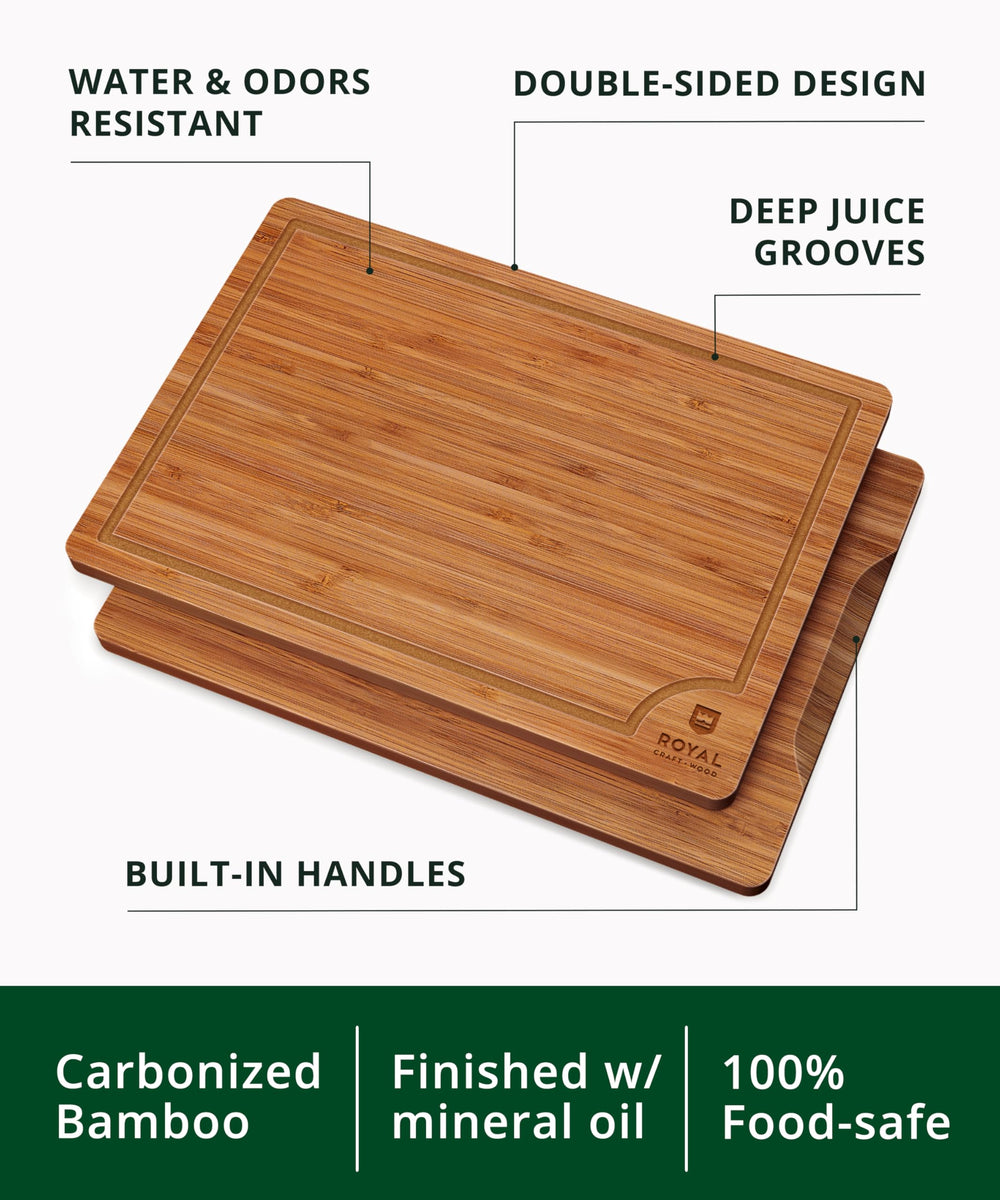 ROYAL CRAFT WOOD tabla en uso cortando carne con canaleta recogiendo jugos