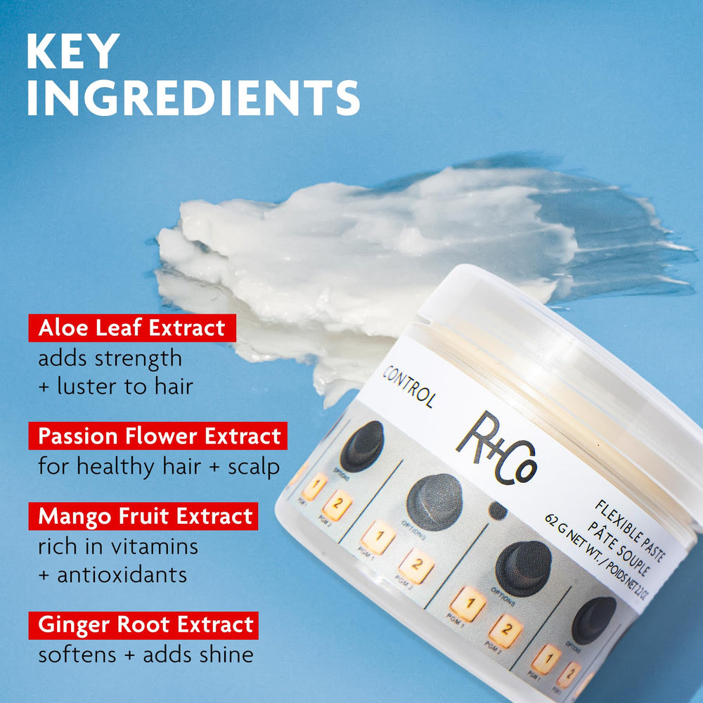 R+Co etiqueta con ingredientes botánicos y beneficios acondicionantes