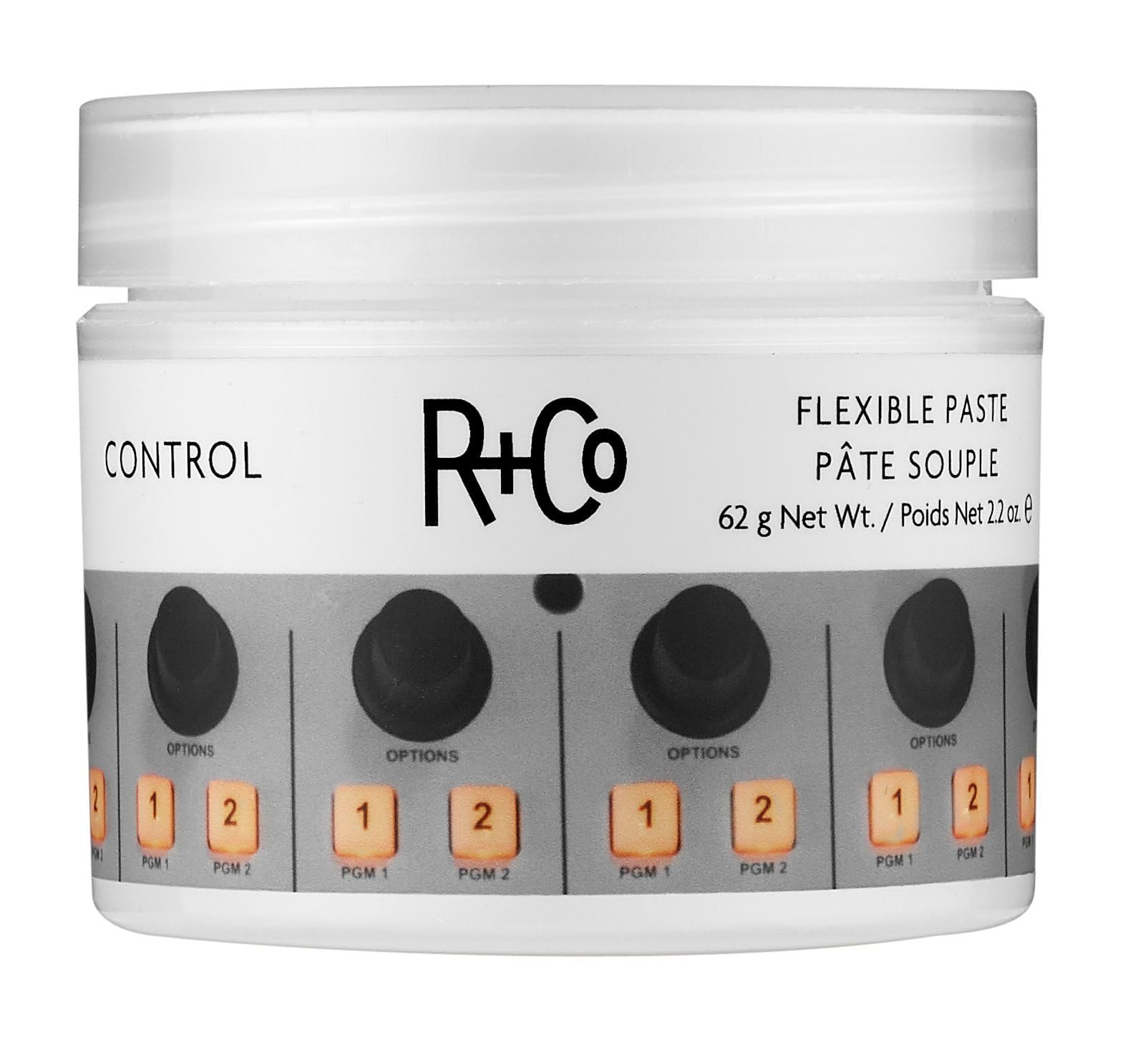 R+Co envase frontal mostrando la pasta y beneficio de control flexible