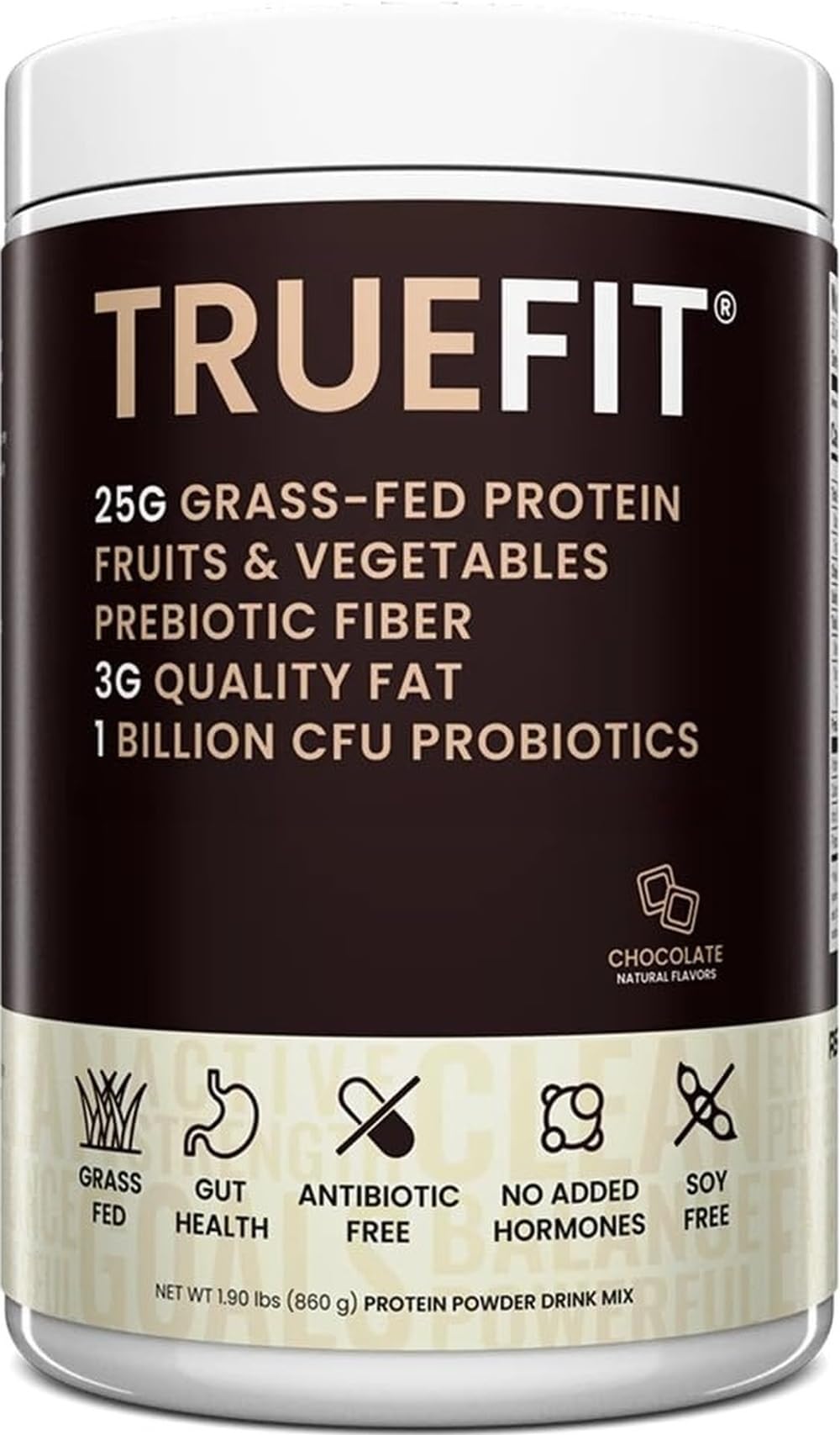 RSP NUTRITION TrueFit front packaging shows product branding and chocolate flavor benefits