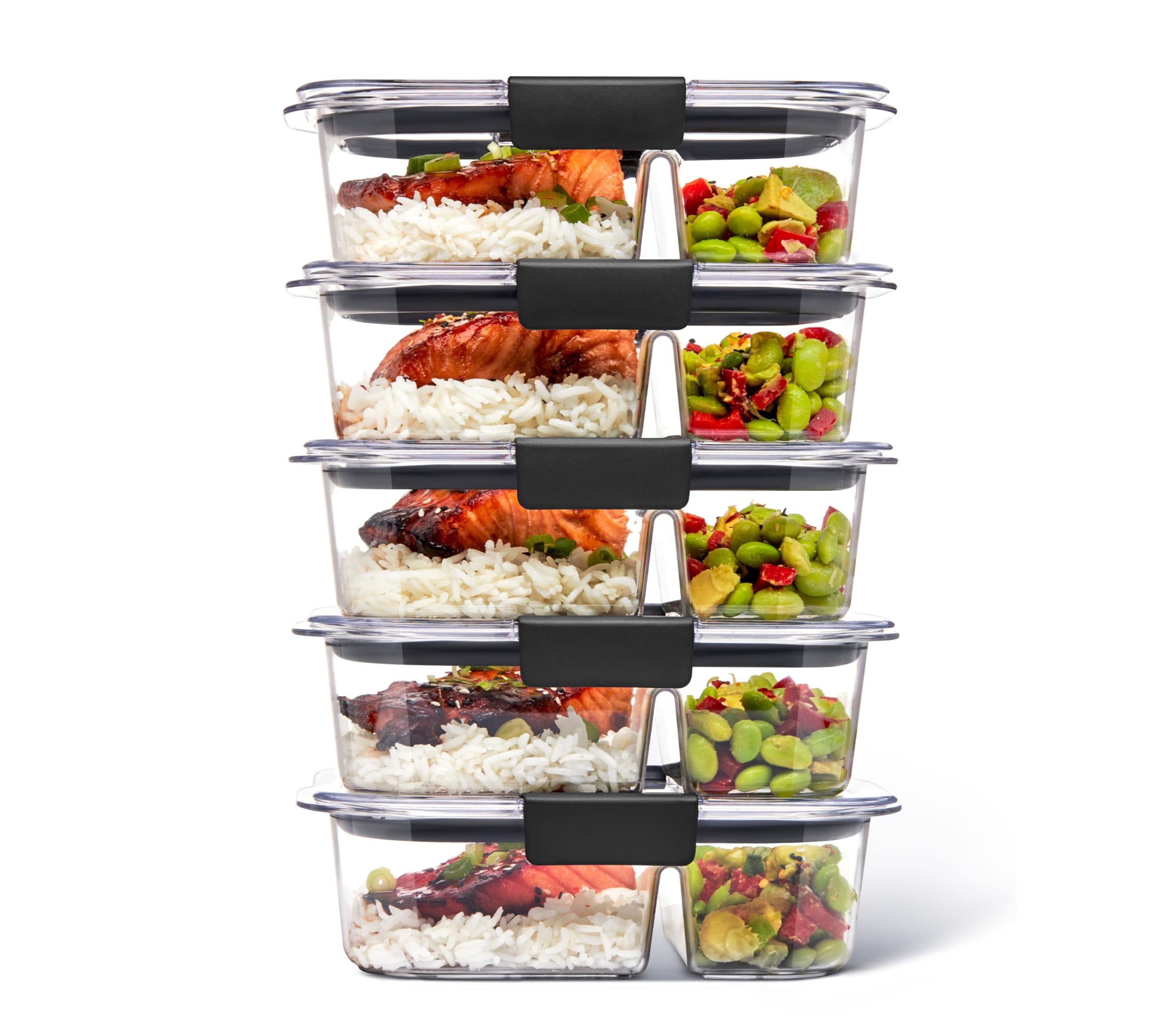 Rubbermaid Brilliance front packaging showing clear containers and tidy stack benefit