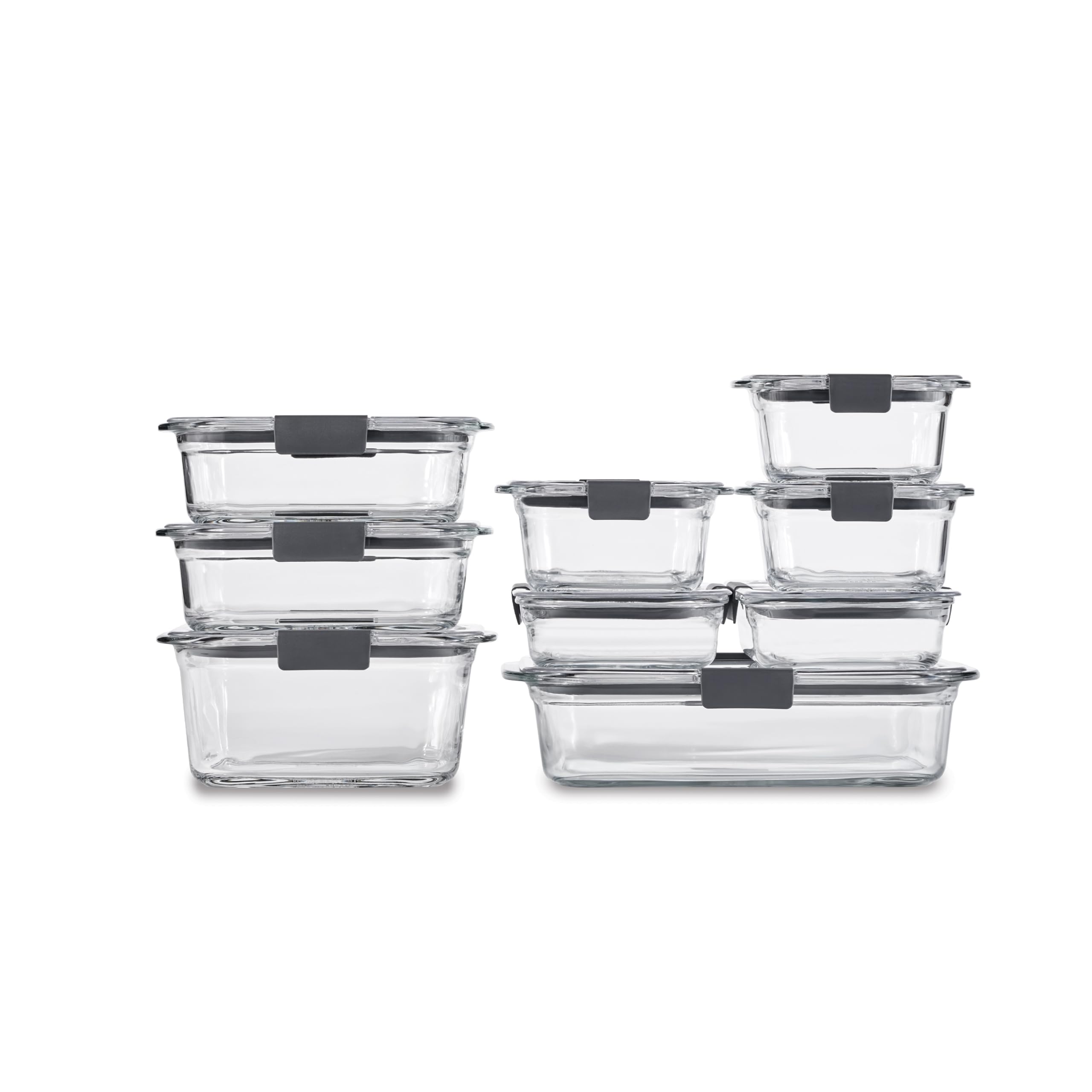 Rubbermaid Brilliance frontal del conjunto mostrando vidrio claro y tapas, mantiene alimentos visibles
