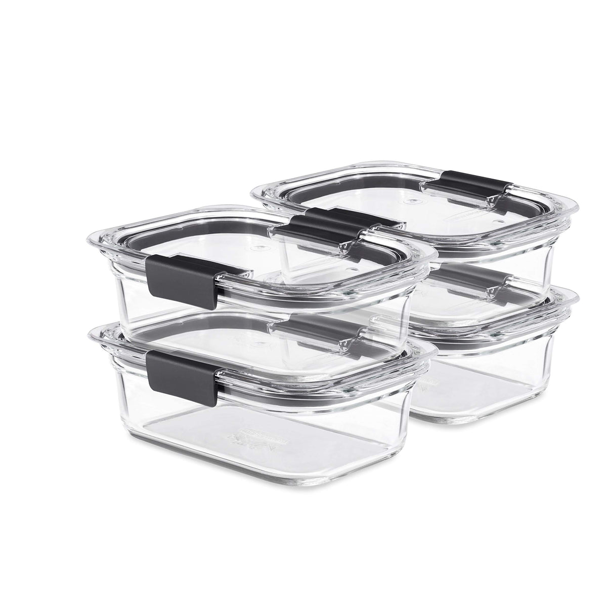 Rubbermaid Brilliance frontal del juego mostrando tapas transparentes y beneficio hermético