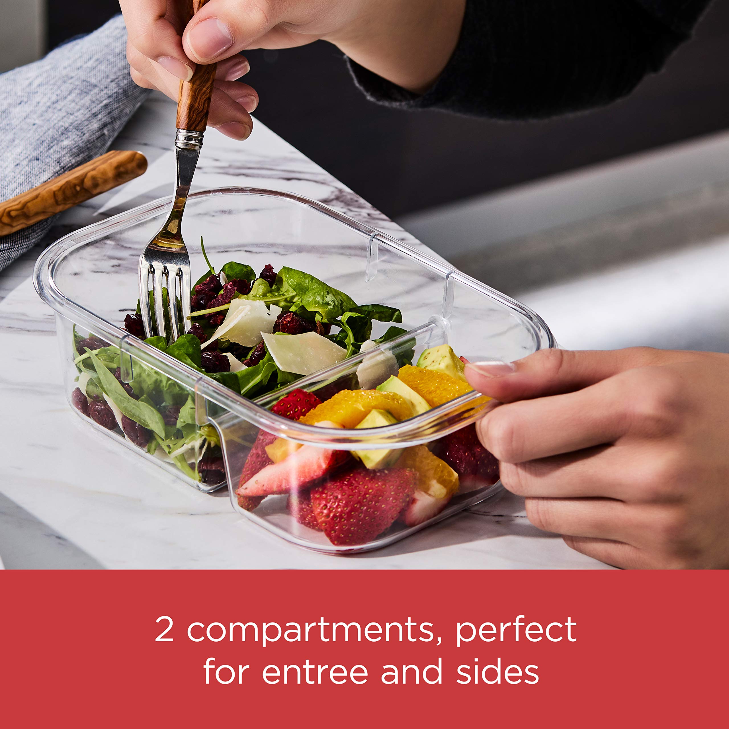 Rubbermaid Brilliance held in hand showing 2.85-cup scale and portability benefit
