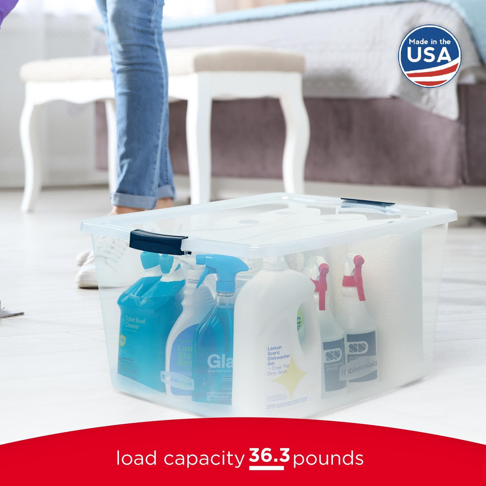 Rubbermaid Cleverstore comparación de tamaño junto a cama mostrando escala y ahorro de espacio