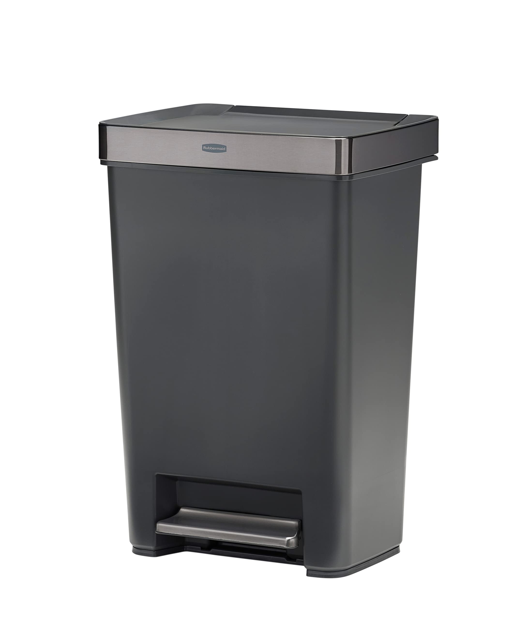 Rubbermaid vista frontal 13 galones con acabado carbón y aspecto moderno