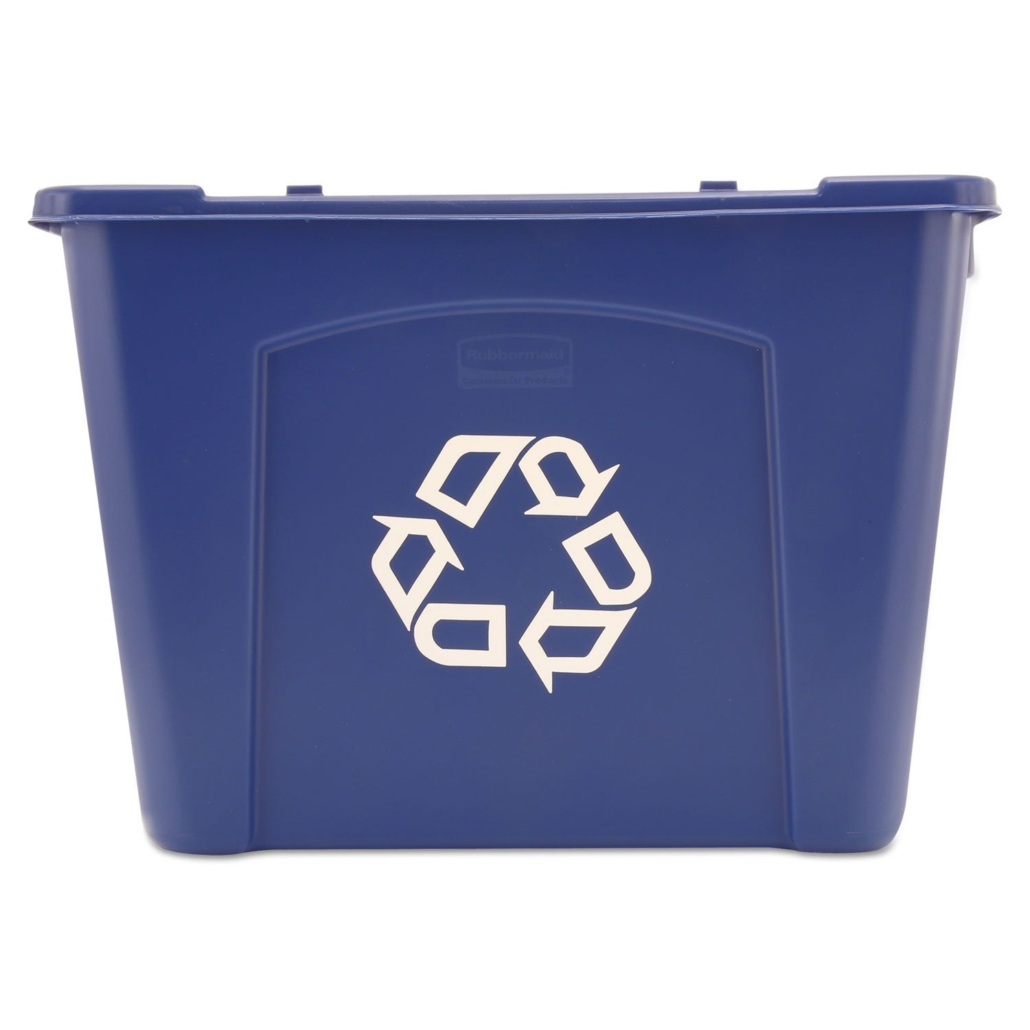 Rubbermaid vista frontal del cubo azul, resistencia comercial y logo reciclaje