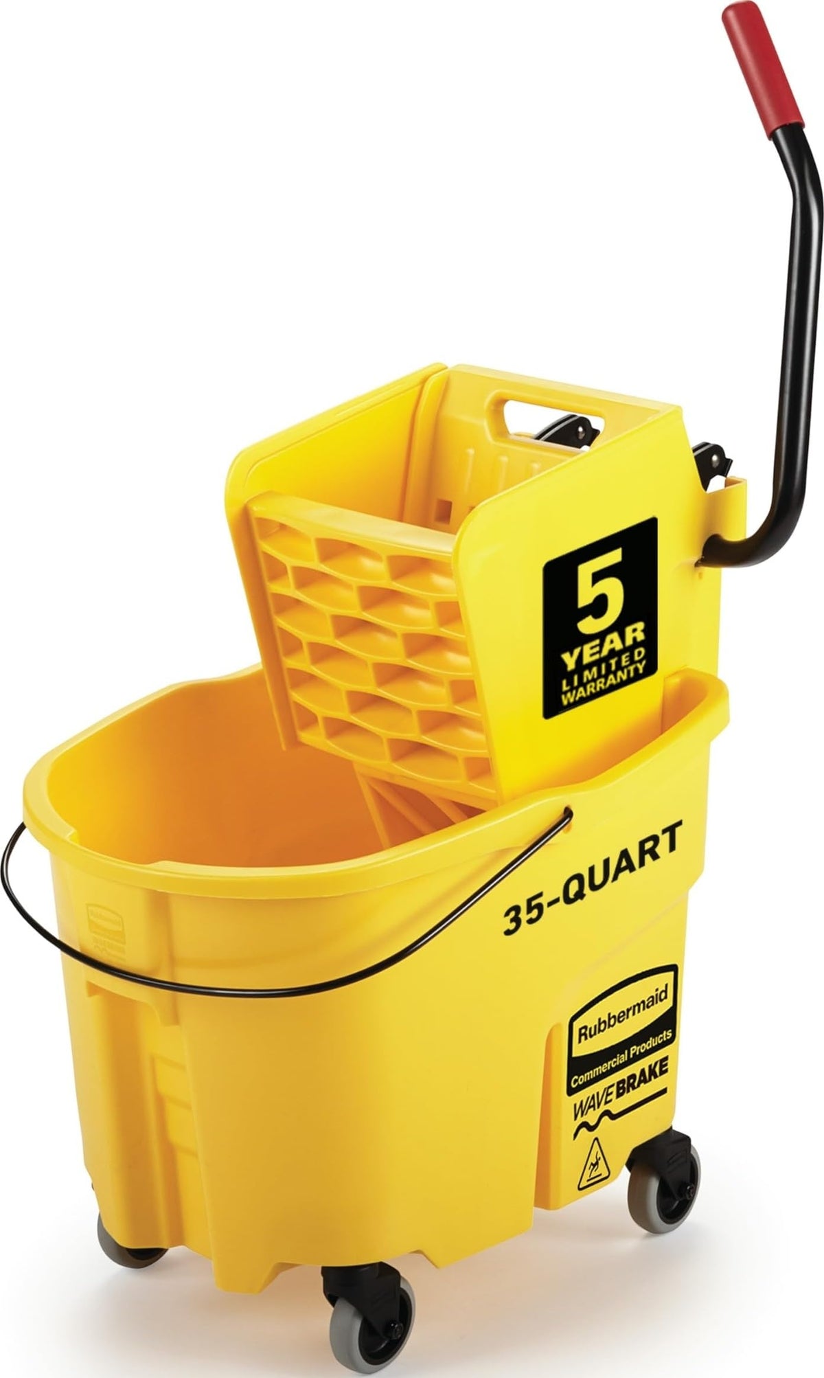 Rubbermaid vista frontal del cubo WaveBrake mostrando diseño amarillo y estabilidad
