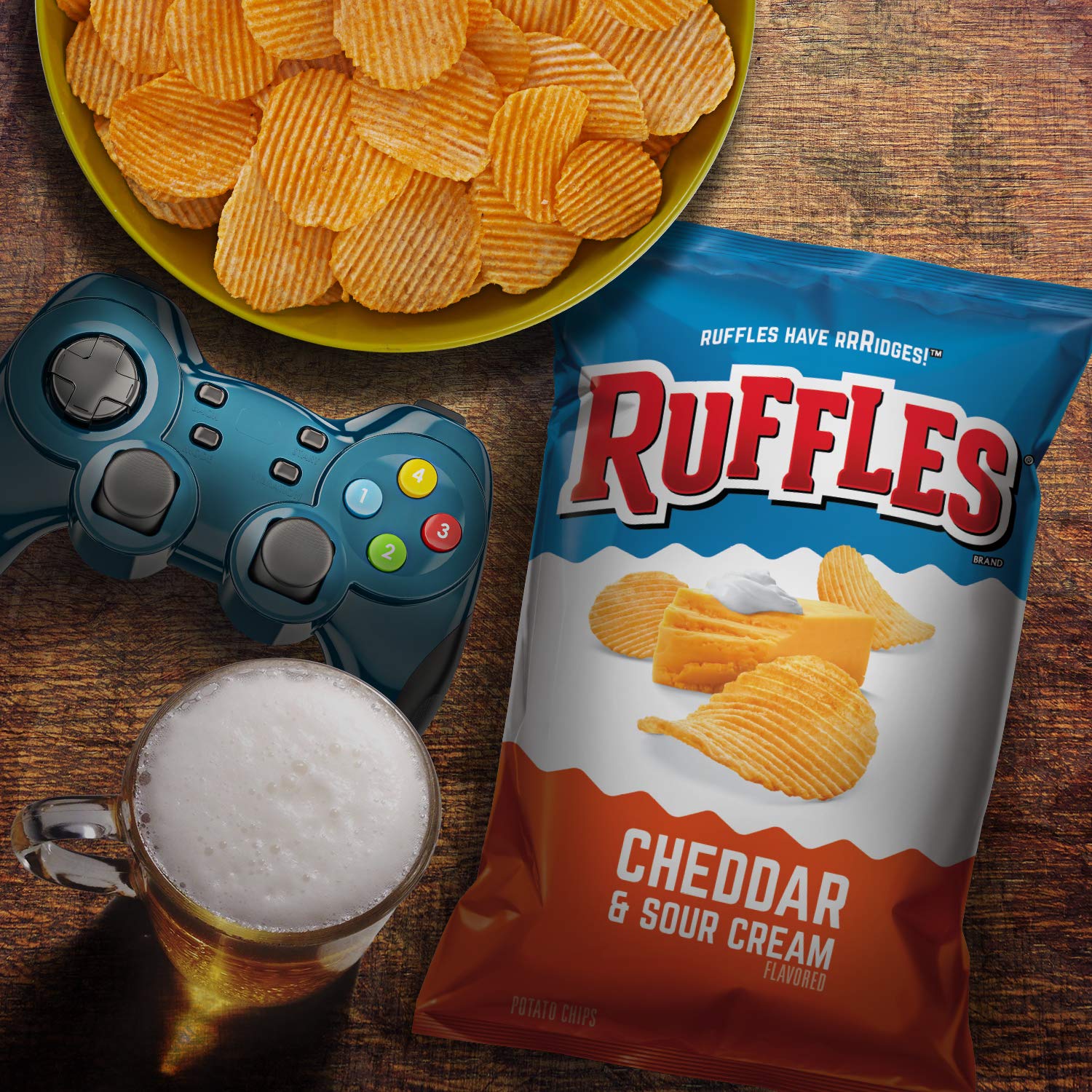 Ruffles Cheddar & Sour Cream bag detail showcasing bold flavor and easy portioning