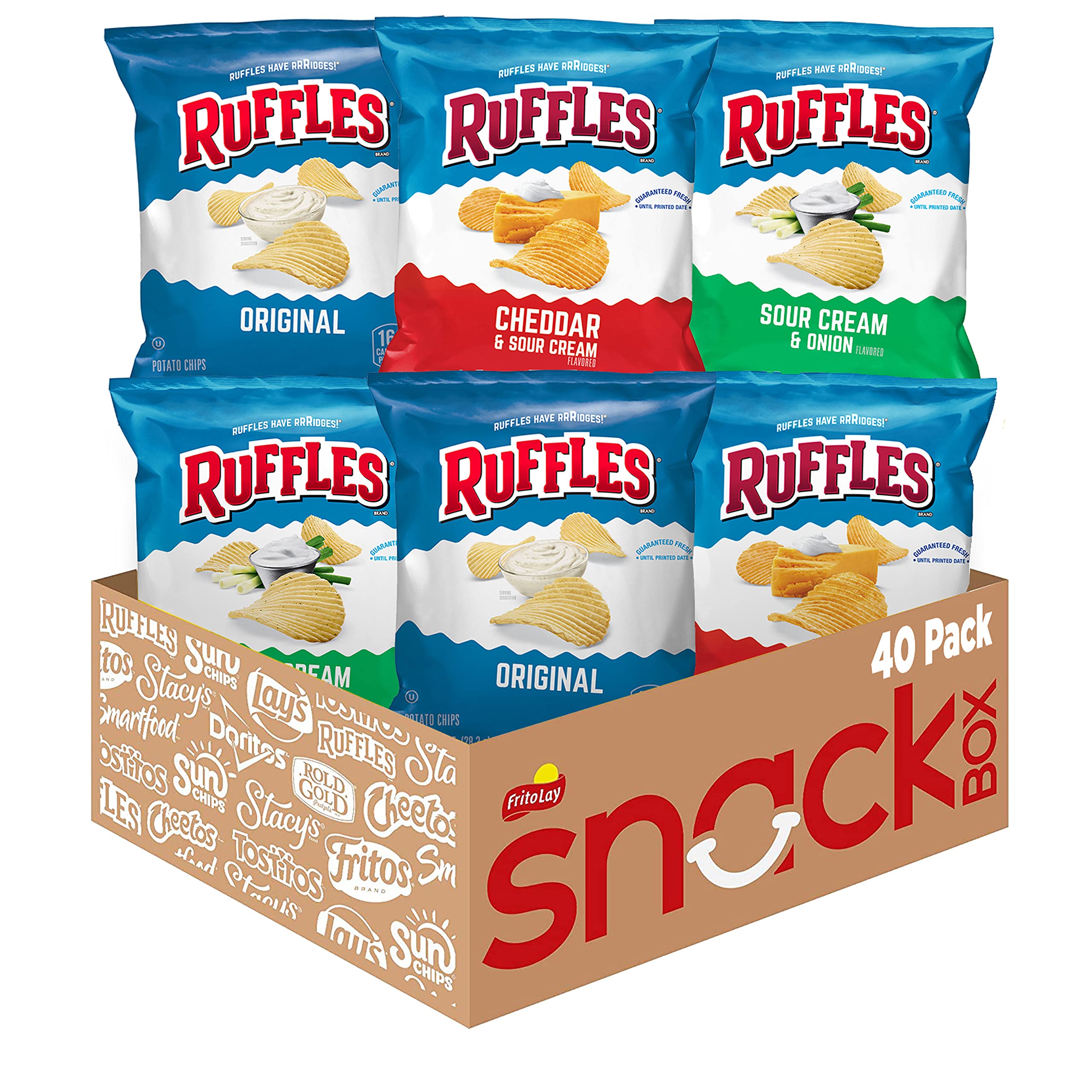 Ruffles variety pack front packaging showing 40 single-serve bags and convenience
