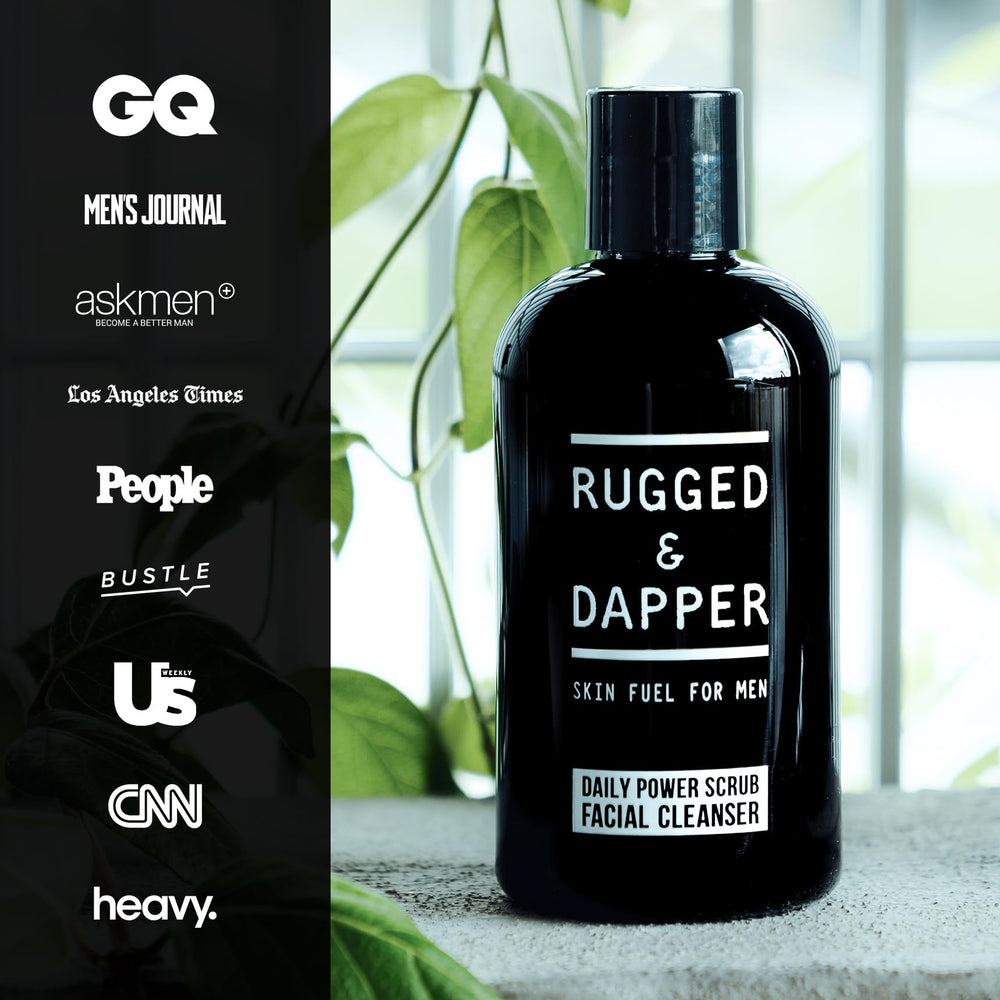 RUGGED & DAPPER botella sobre mármol enfatizando apariencia premium