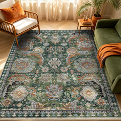 RUGSURE alfombra frontal verde mostrando diseño vintage y comodidad