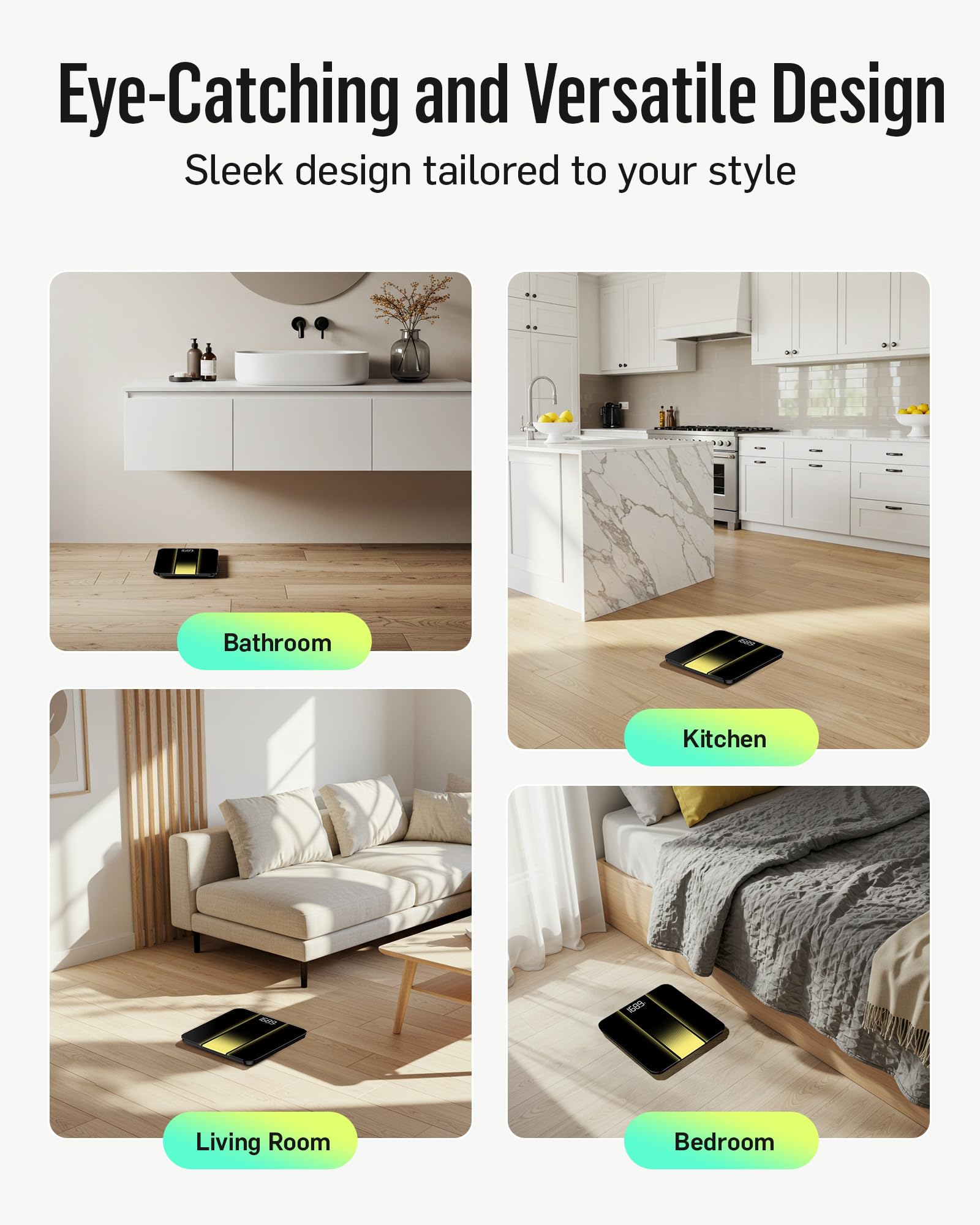 runstar báscula en ambiente de baño moderno estilo negro y dorado que complementa la decoración