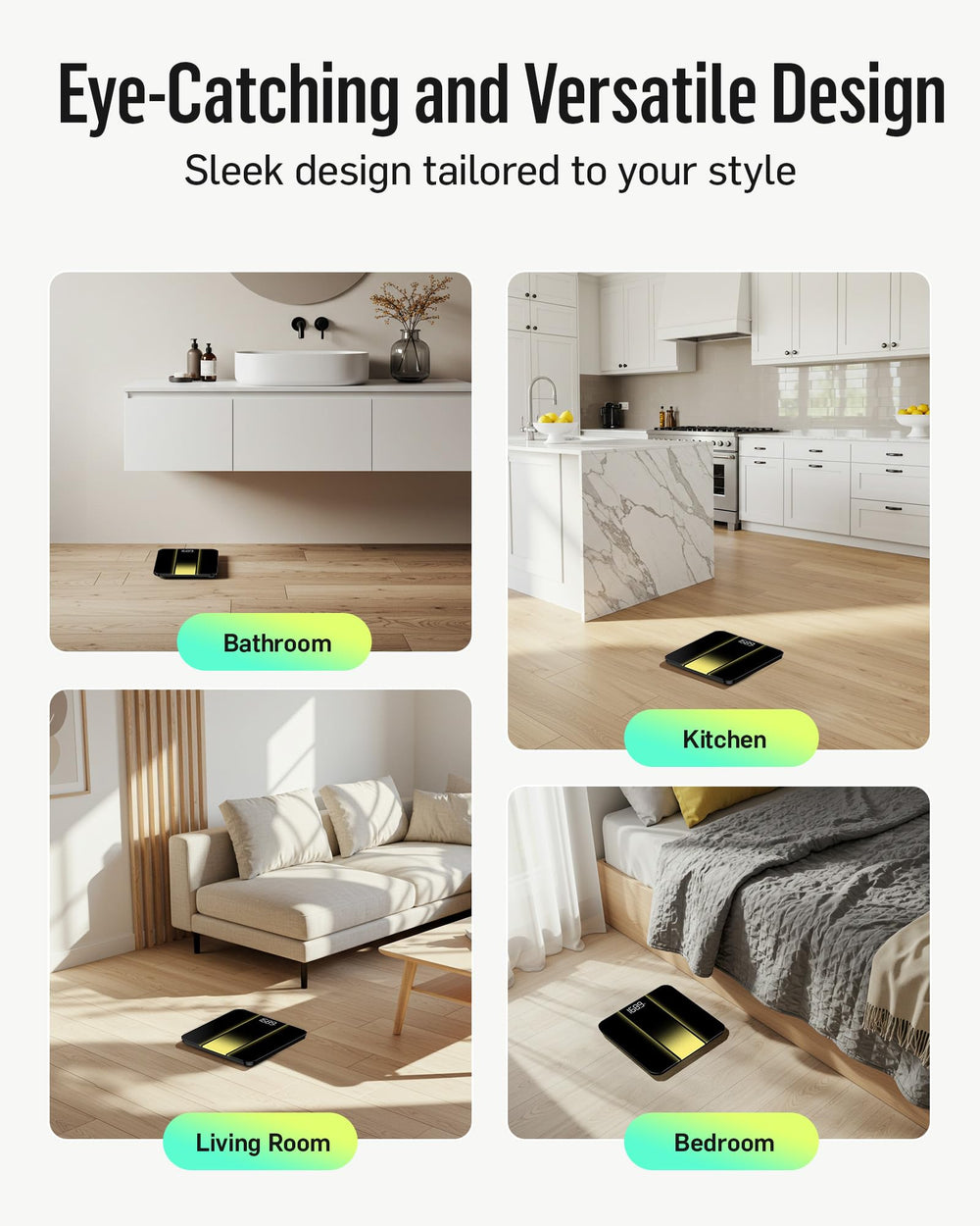 runstar báscula en ambiente de baño moderno estilo negro y dorado que complementa la decoración