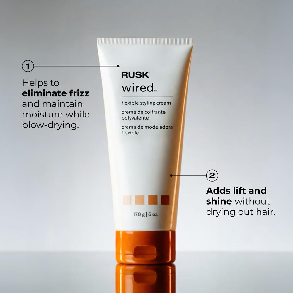 RUSK crema en cabello rizado mostrando definición y menos encrespamiento