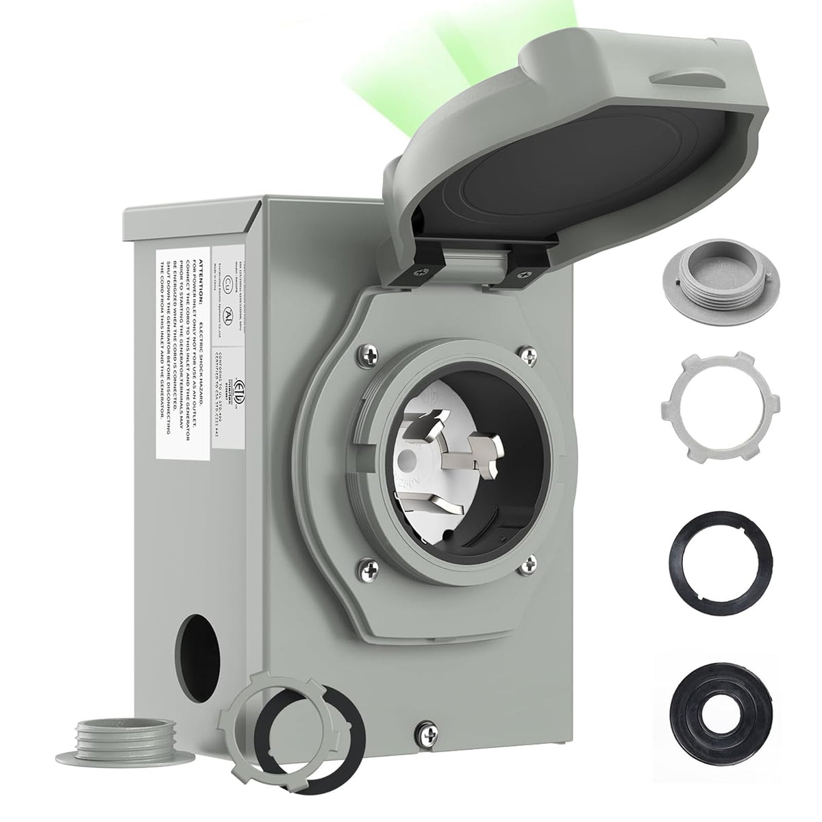 RVMATE inlet box front view showing NEMA SS2-50P face and easy access