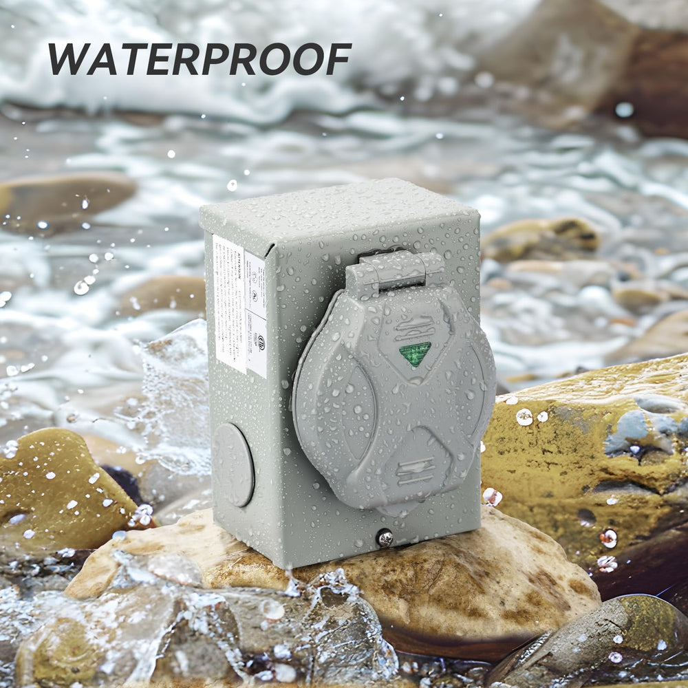 RVMATE inlet box mounted near generator showing outdoor installation benefit