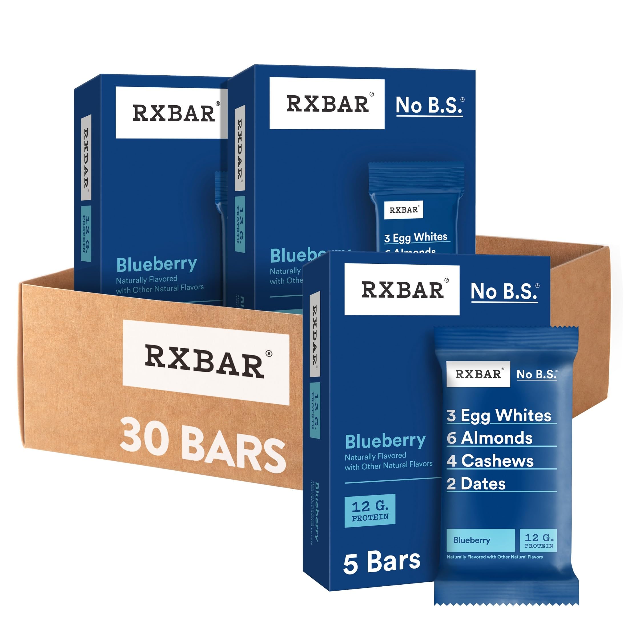 RXBAR frontal del paquete mostrando arándanos y beneficio práctico
