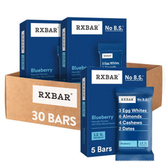 RXBAR frontal del paquete mostrando arándanos y beneficio práctico