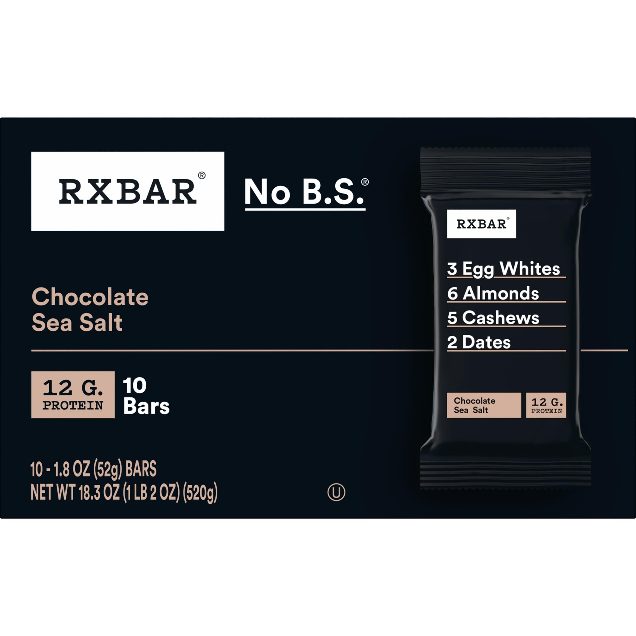 RXBAR caja abierta con diez barras, presentación para almacenamiento familiar