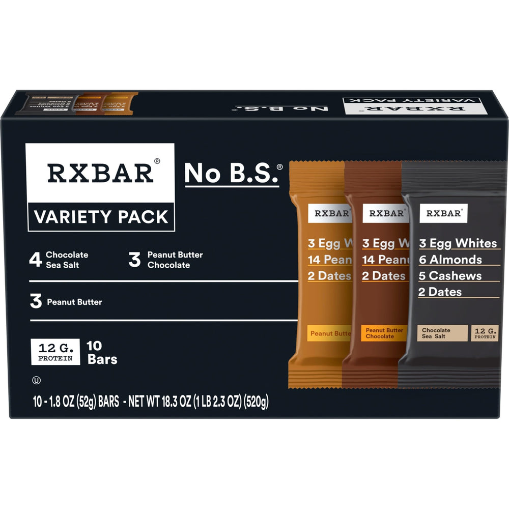 RXBAR frontal del empaque mostrando variedad y conveniencia