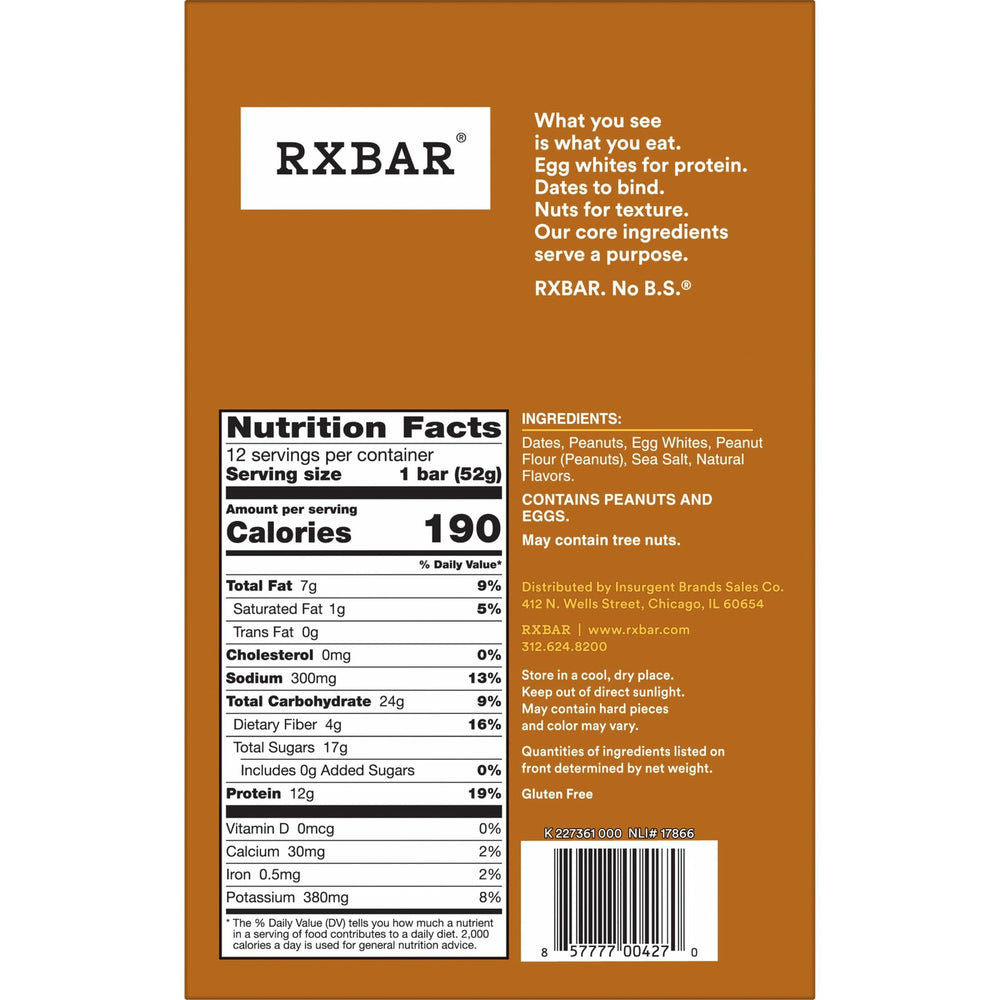 RXBAR etiqueta nutricional enfocada en proteínas y sin gluten