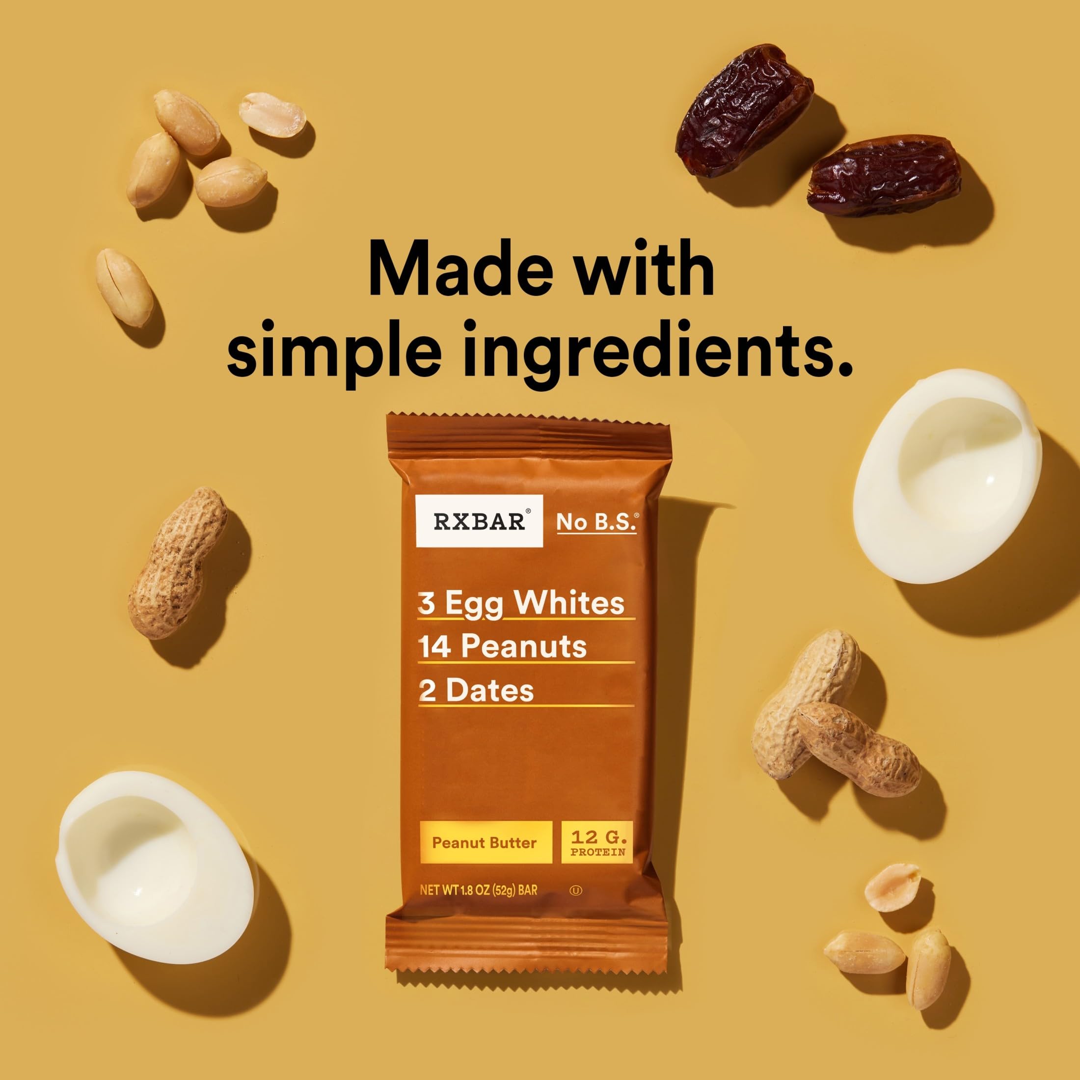 RXBAR ingredientes naturales dátiles y claras de huevo resaltando limpieza