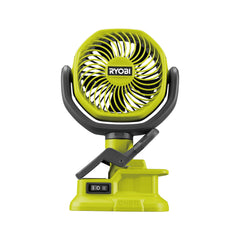 RYOBI ventilador RCF18-0 frontal mostrando diseño y controles, ventaja de portabilidad