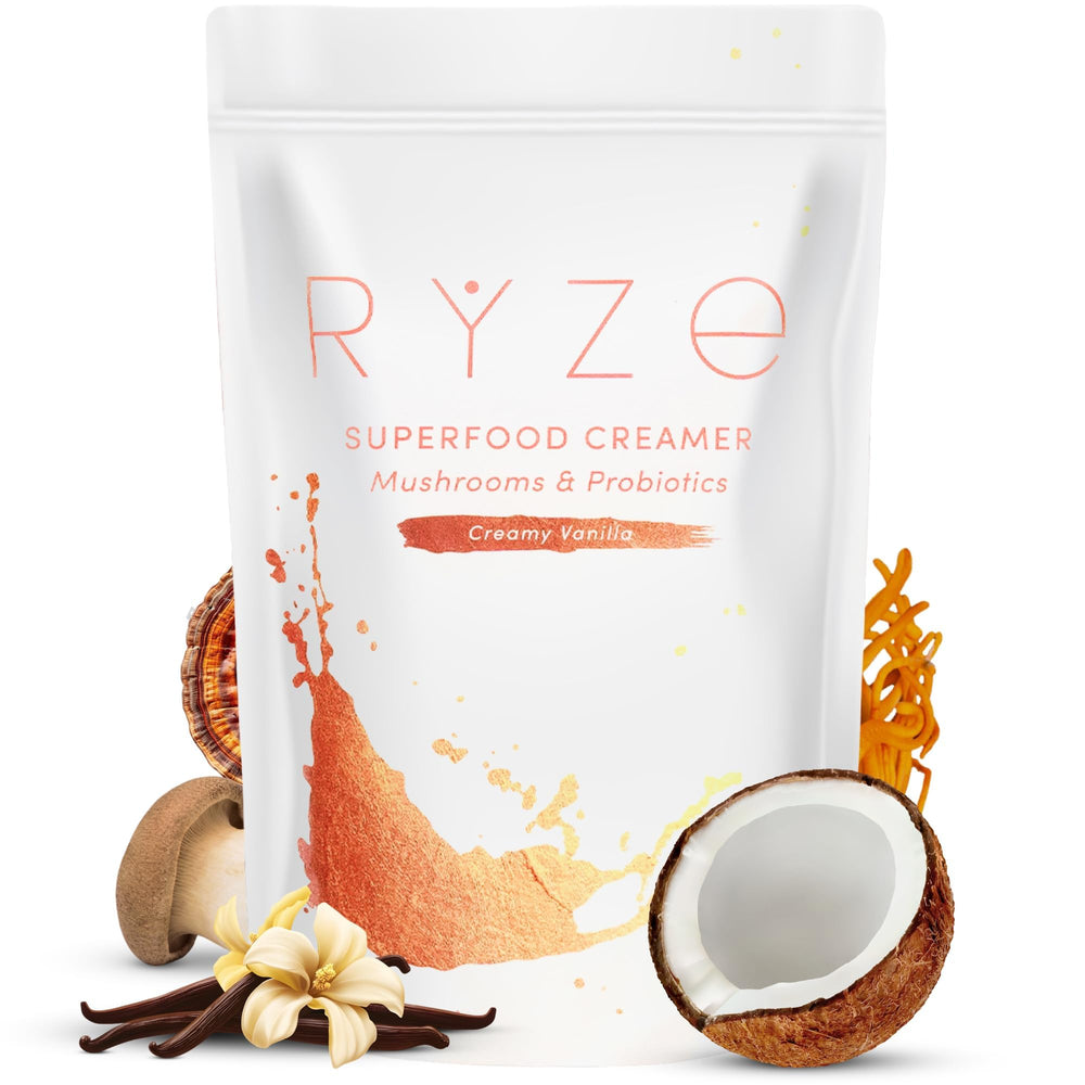 RYZE creamer frente del empaque muestra orgánico y porciones