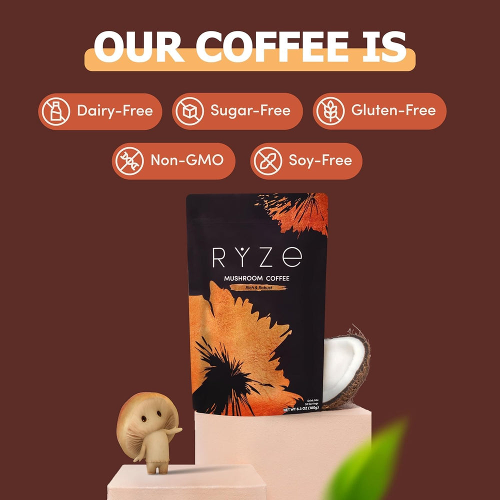 RYZE SUPERFOODS detalle de la etiqueta y sello de cultivo en California, calidad visible