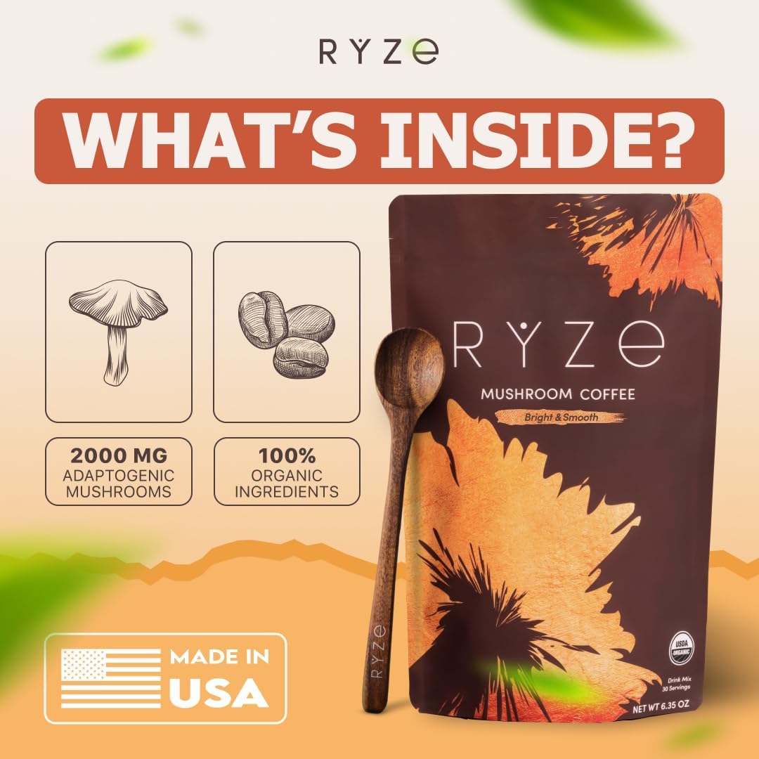 RYZE SUPERFOODS envase junto a moneda para comparar tamaño y porciones