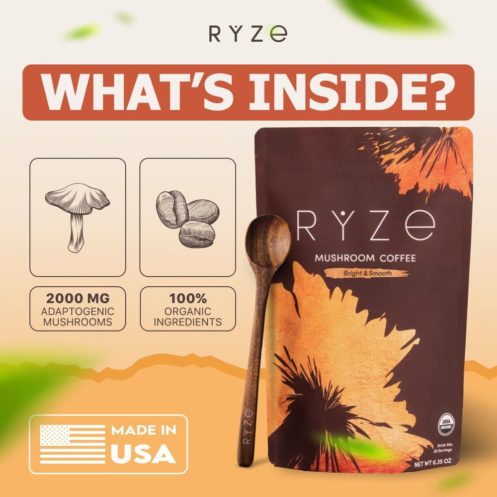 RYZE SUPERFOODS envase junto a moneda para comparar tamaño y porciones