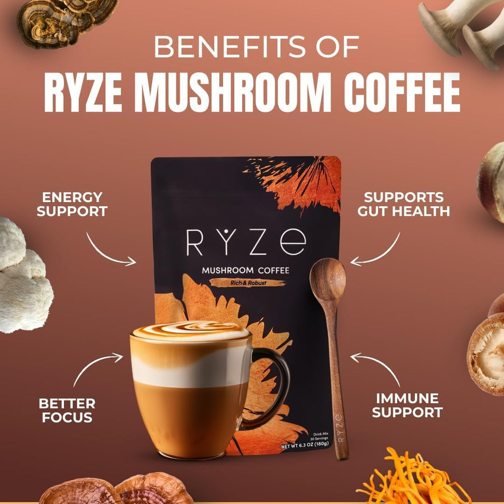 RYZE SUPERFOODS taza en mesa de desayuno mostrando uso diario y conveniencia