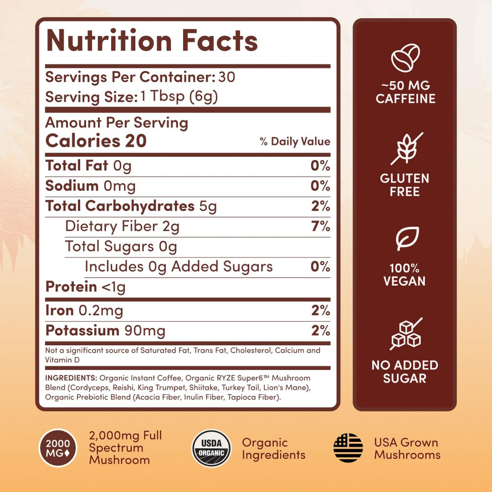 RYZE SUPERFOODS etiqueta nutricional del producto, información clara y transparente