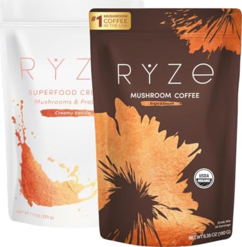 RYZE SUPERFOODS paquete frontal mostrando café y creamer, presentación clara y útil