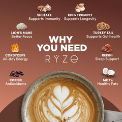 RYZE SUPERFOODS polvo marrón oscuro para mezclar, textura homogénea y fácil disolución
