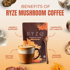 RYZE SUPERFOODS polvo en primer plano que muestra textura fina y mezcla homogénea