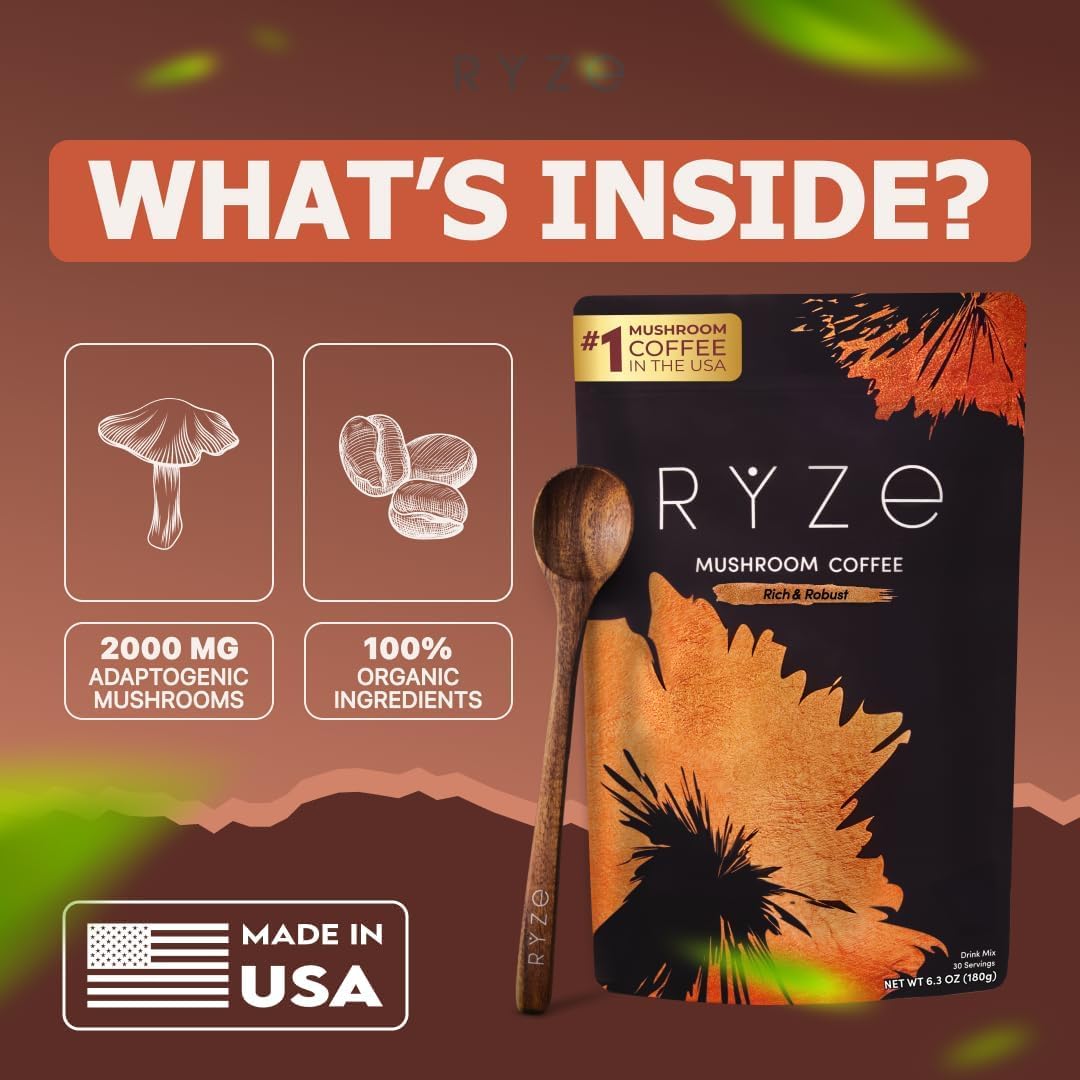 RYZE SUPERFOODS taza de café preparada con vapor que sugiere energía sostenida